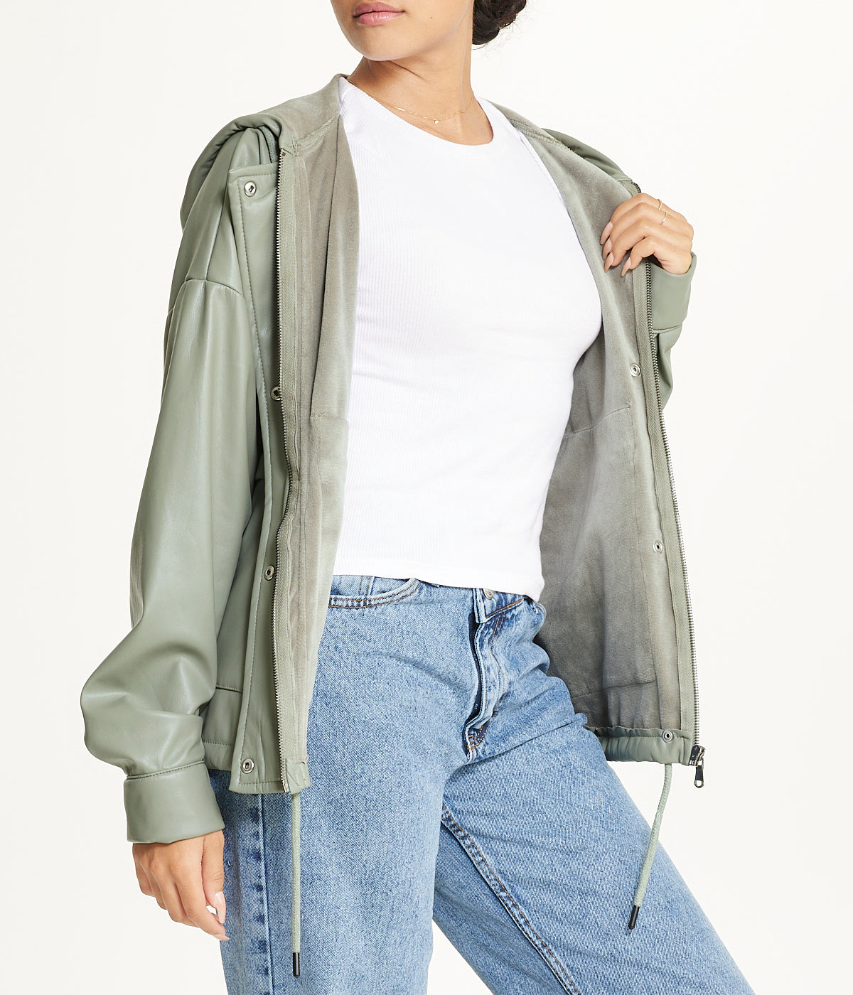  Vegan Leather Button Front Jacket - Khaki - Bonton