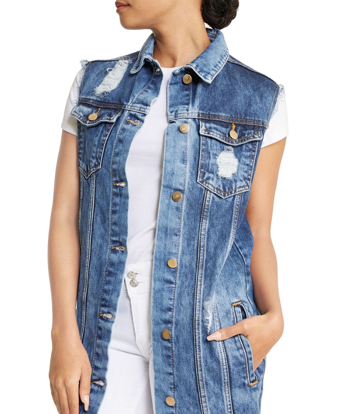  Cream & Rouge Sleeveless Denim Shirt Dress - Blue - Bonton