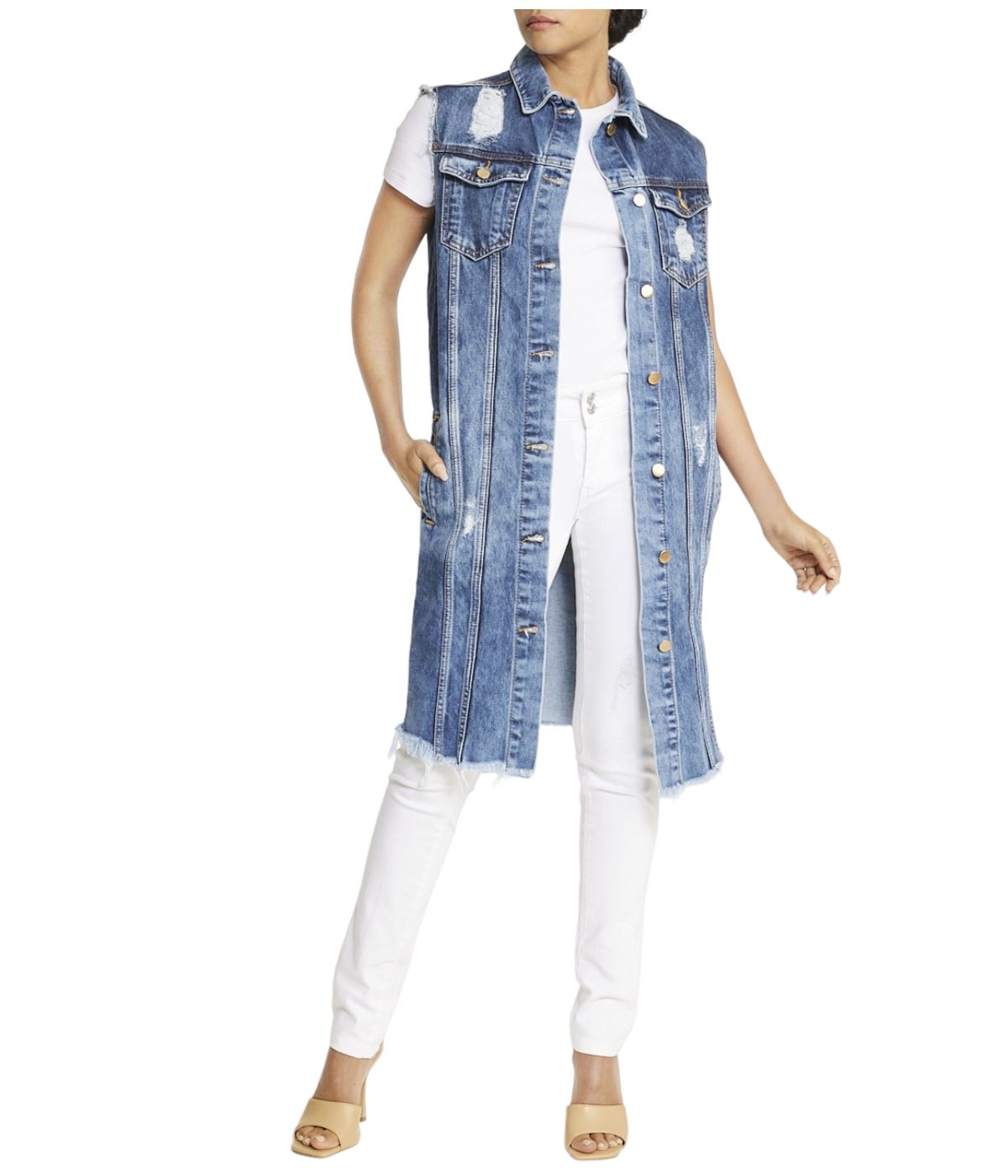 Cream & Rouge Sleeveless Denim Shirt Dress - Blue - Bonton