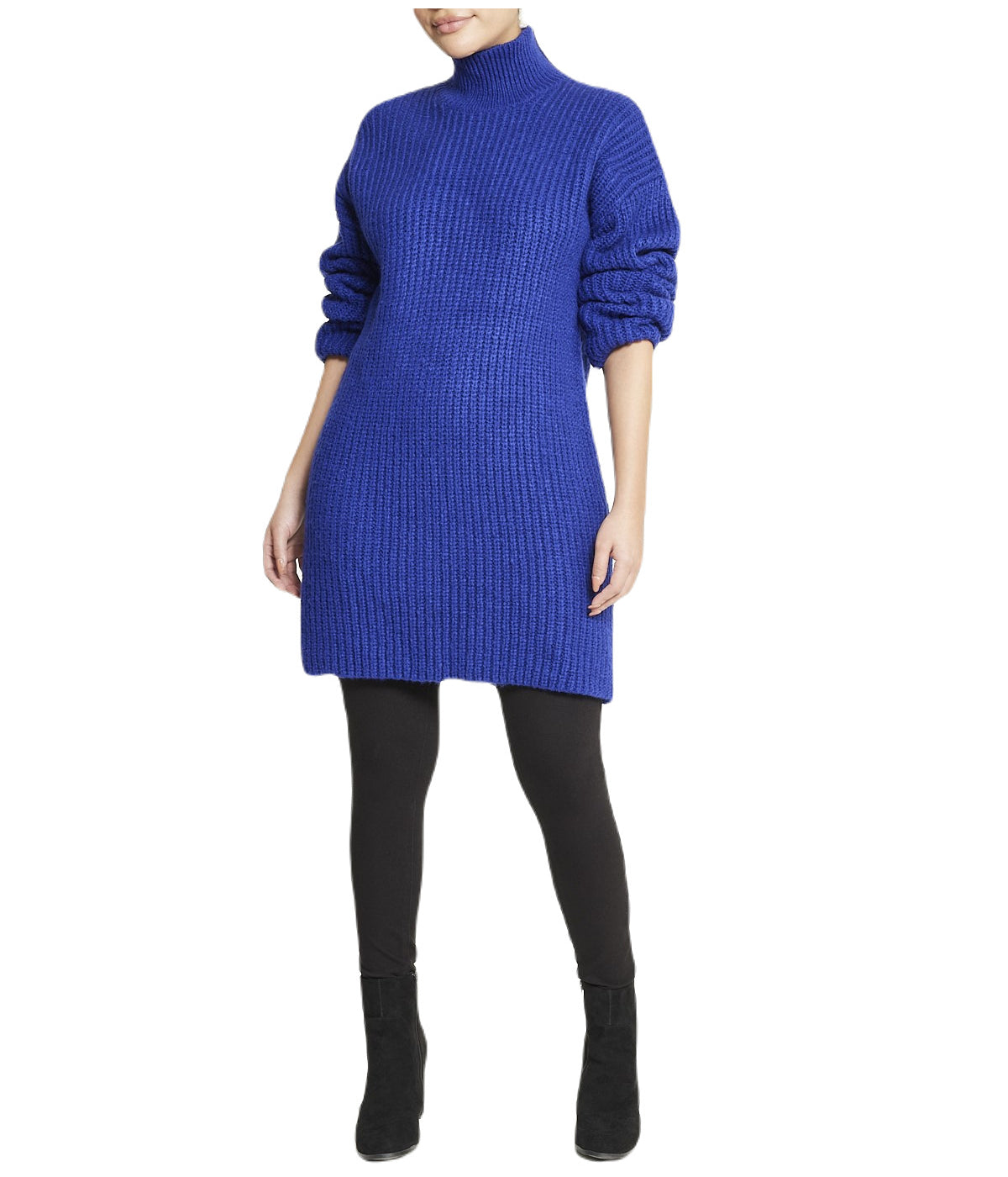  Turtleneck Funnel Sweater Dress - Light Blue - Bonton