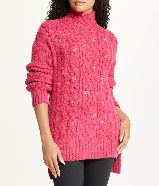 Miss Poeym Bejewelled Cable Mock Neck Sweater - Fuschia – BONTON