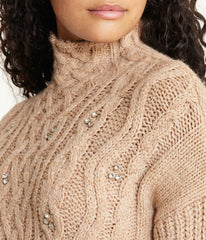 Bejewelled Cable Mock Neck Sweater