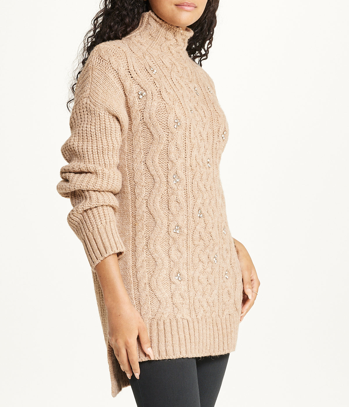  Bejewelled Cable Mock Neck Sweater - Mink - Bonton