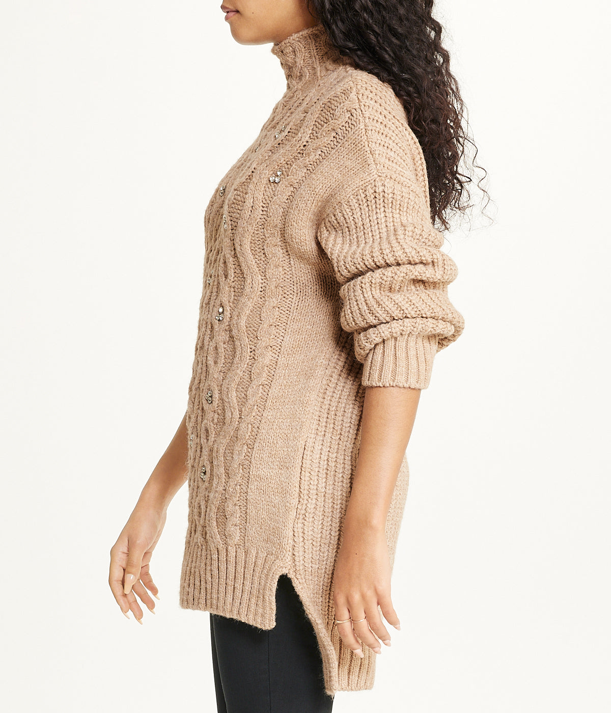  Bejewelled Cable Mock Neck Sweater - Mink - Bonton