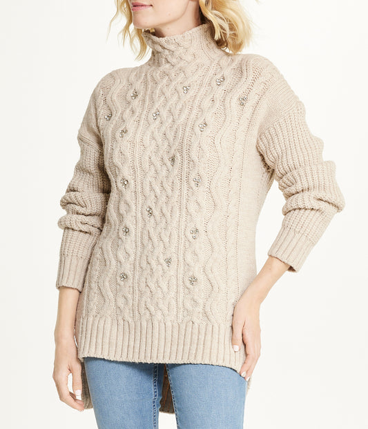 Bejewelled Cable Mock Neck Sweater