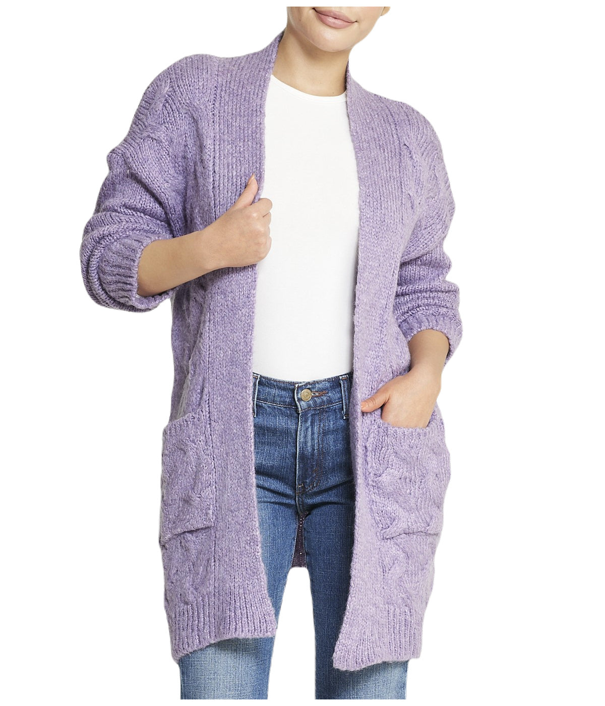  Cable Flyaway Cardigan - Purple - Bonton