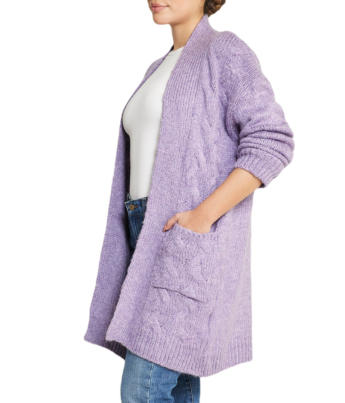  Cable Flyaway Cardigan - Purple - Bonton