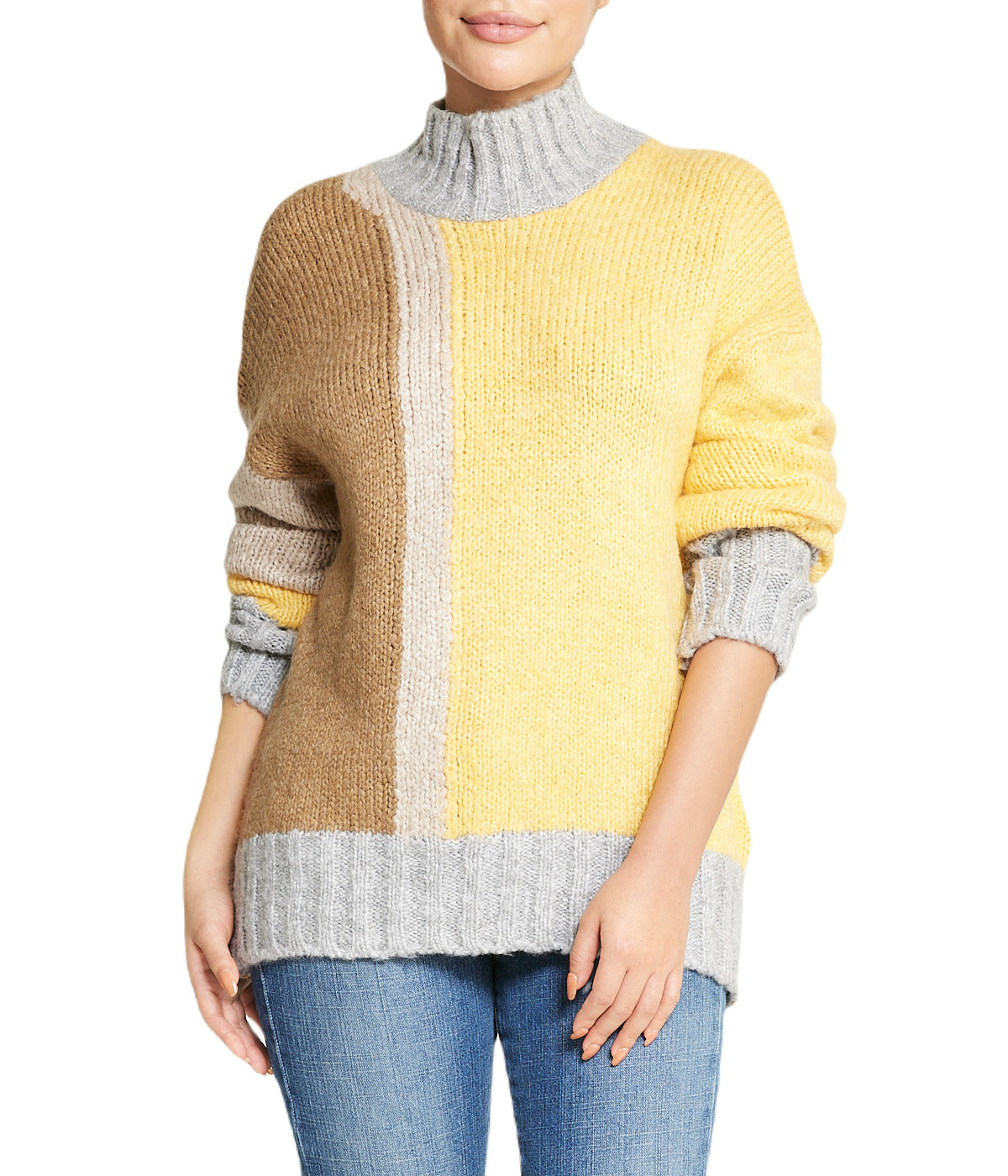  Color Block Tunic Sweater - Beige - Bonton