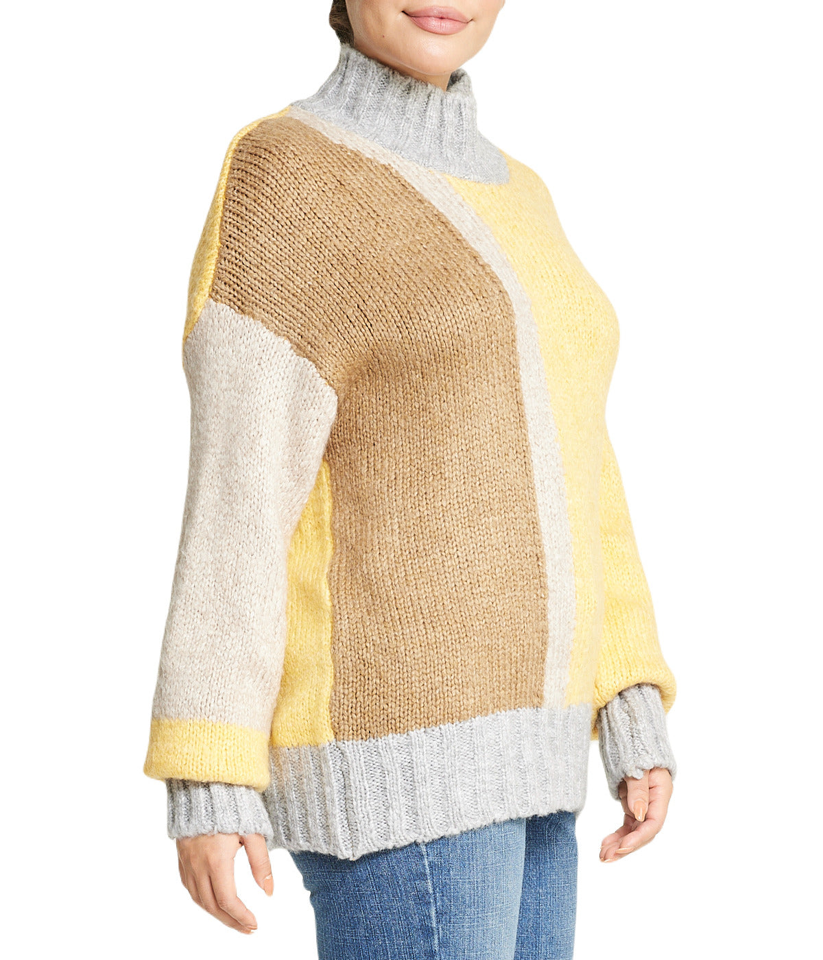  Color Block Tunic Sweater - Beige - Bonton