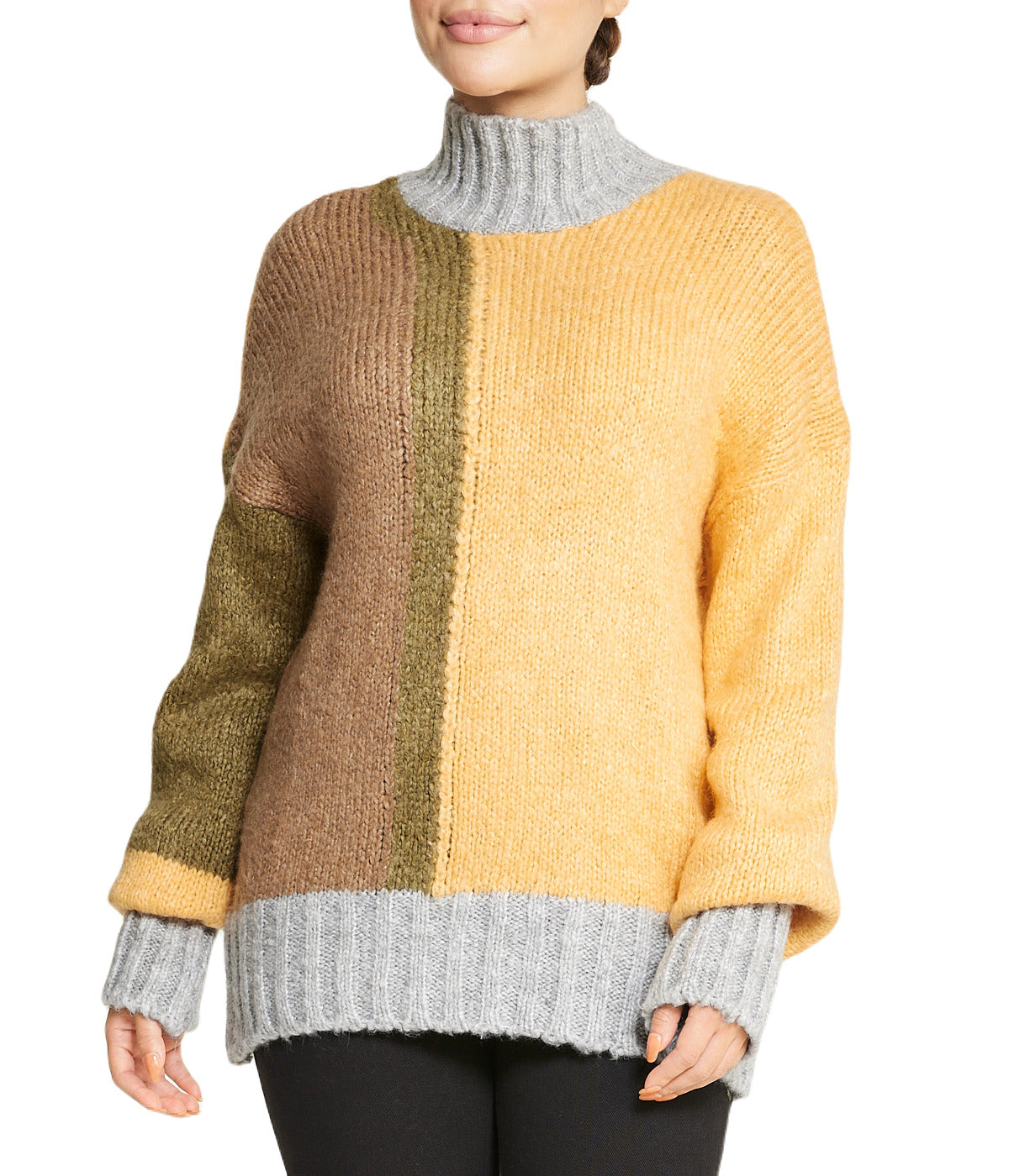  Color Block Tunic Sweater - Khaki - Bonton