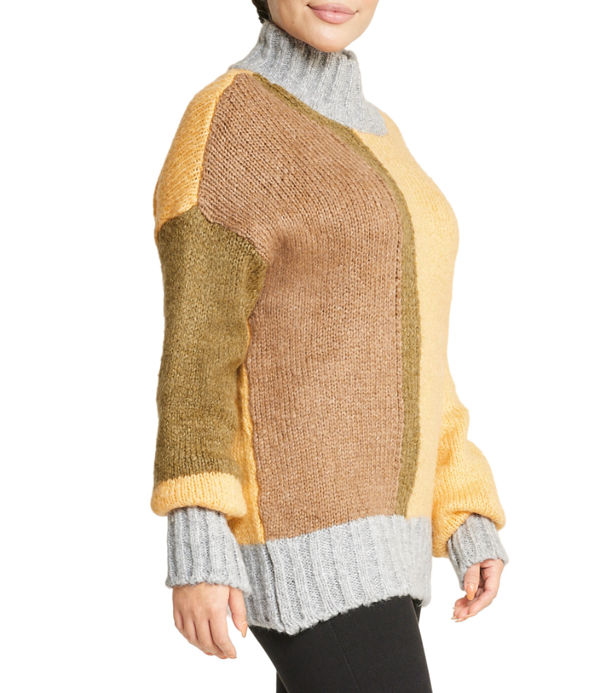  Color Block Tunic Sweater - Khaki - Bonton