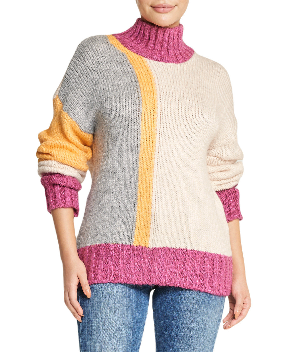  Color Block Tunic Sweater - Yellow - Bonton