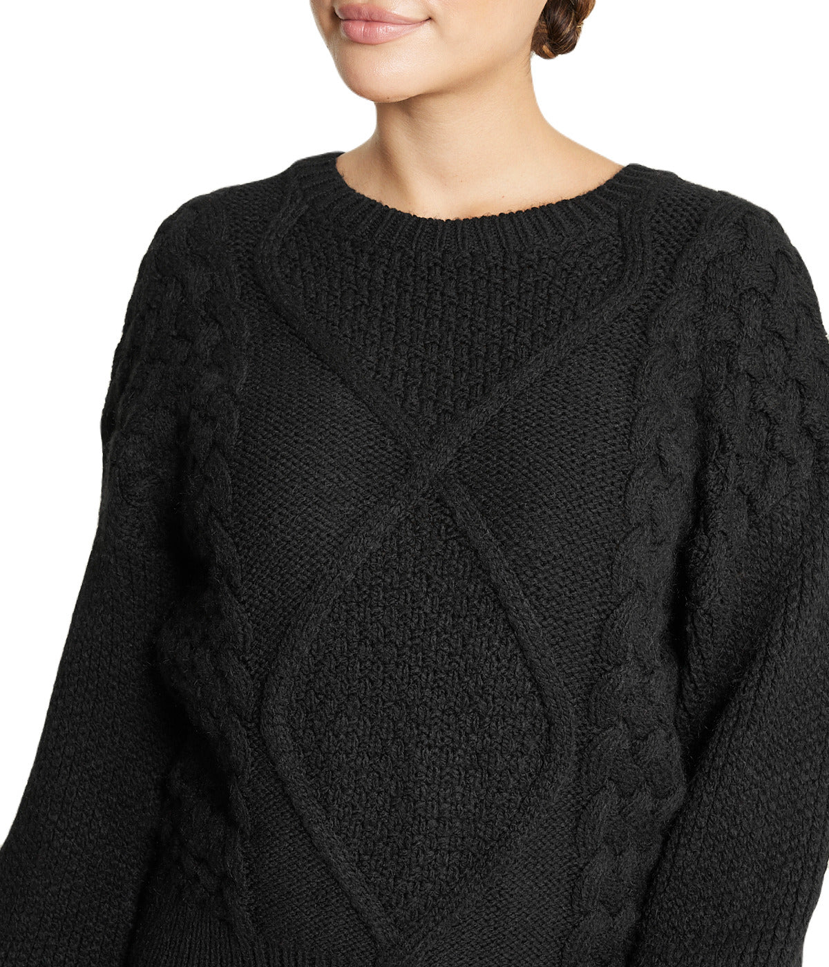  Cable Knit Cropped Pullover Sweater - Black - Bonton