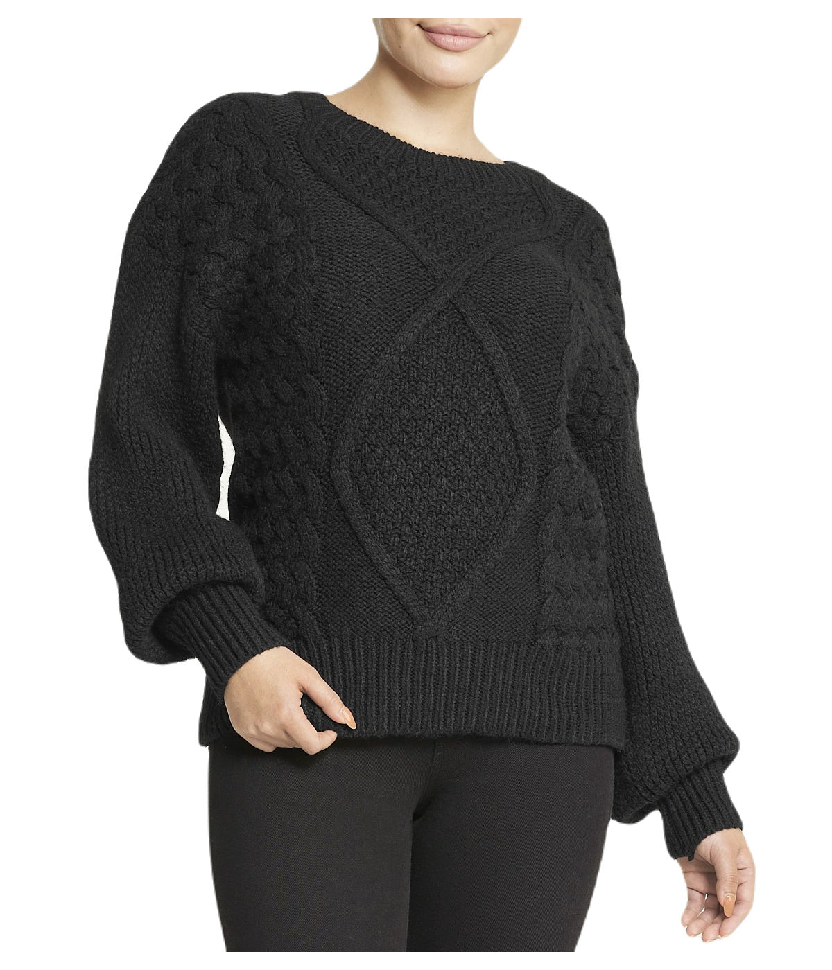  Cable Knit Cropped Pullover Sweater - Black - Bonton