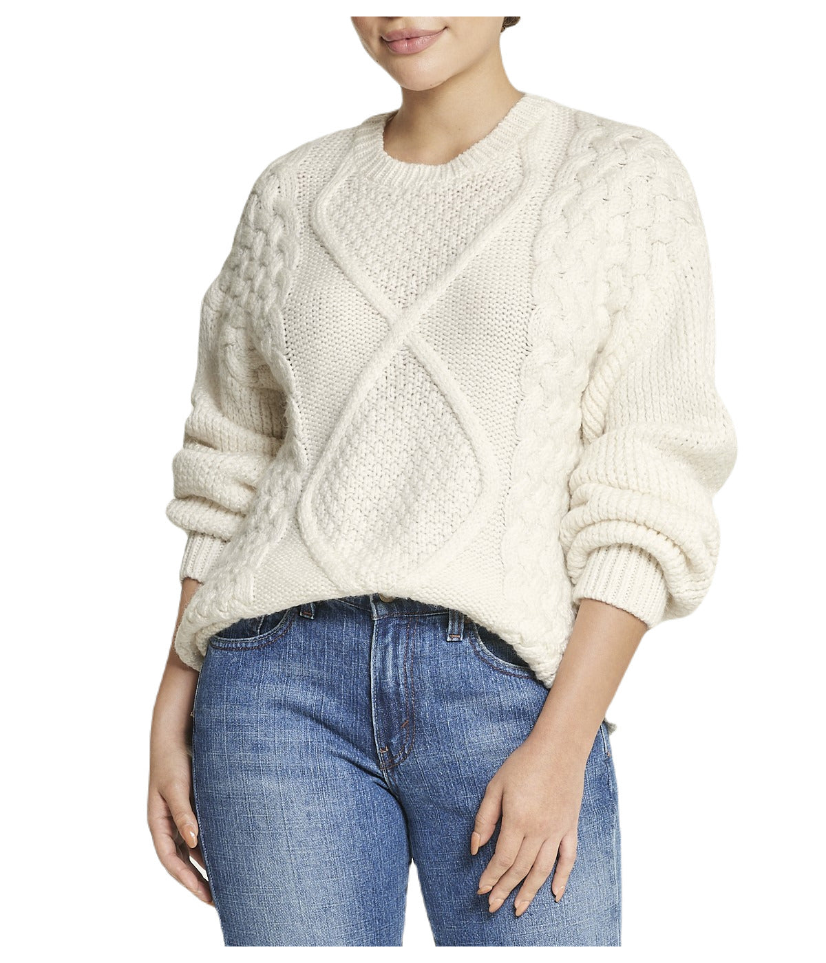  Cable Knit Cropped Pullover Sweater - Natural - Bonton