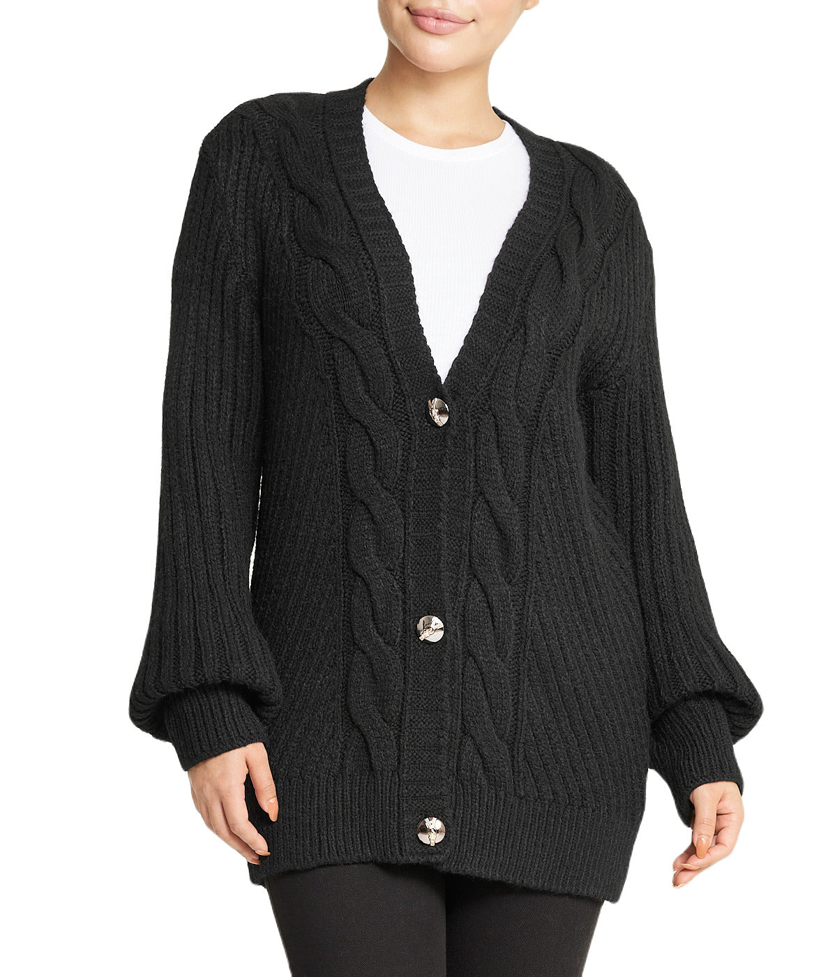  Miss Poeym Deep V Cable Cardigan - Black - Bonton