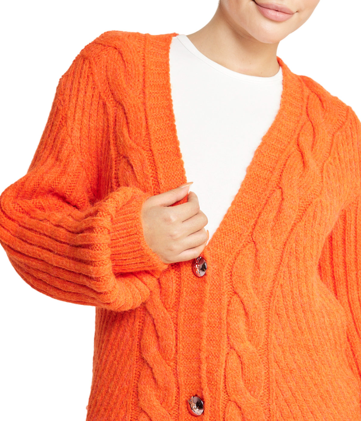  Miss Poeym Deep V Cable Cardigan - Orange - Bonton