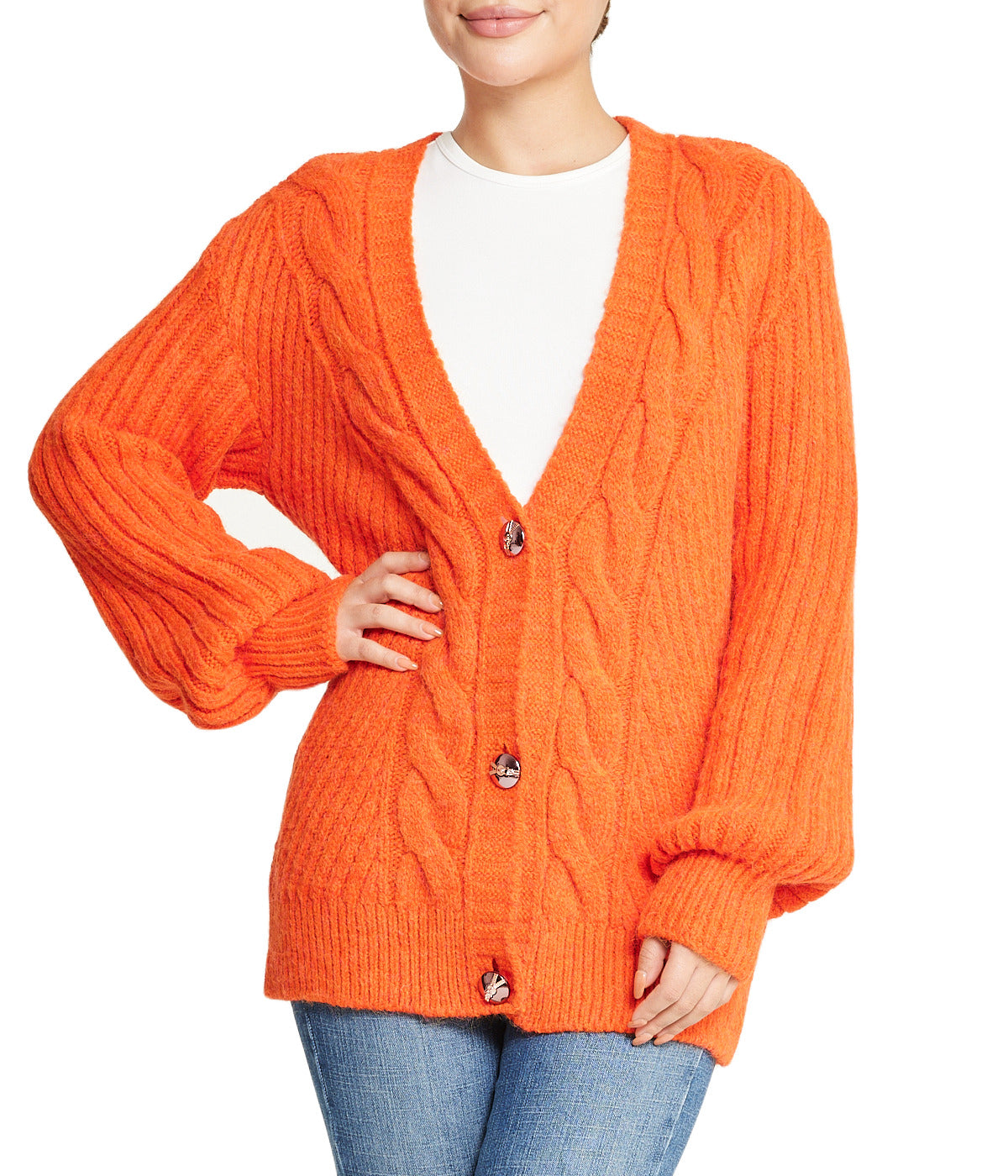  Miss Poeym Deep V Cable Cardigan - Orange - Bonton