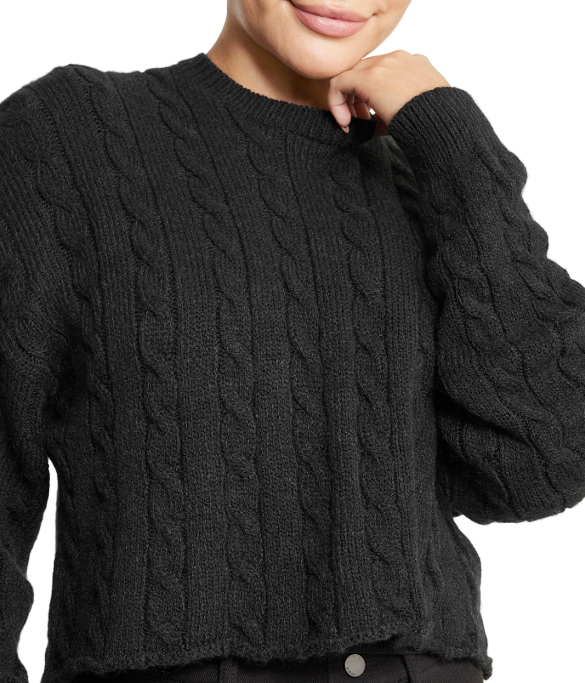  Cropped Boxy Cable Knit Sweater - Black - Bonton