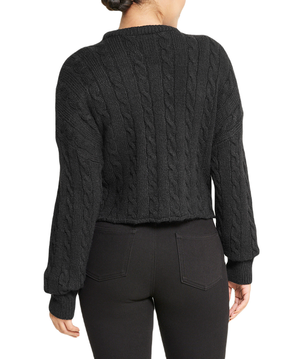  Cropped Boxy Cable Knit Sweater - Black - Bonton