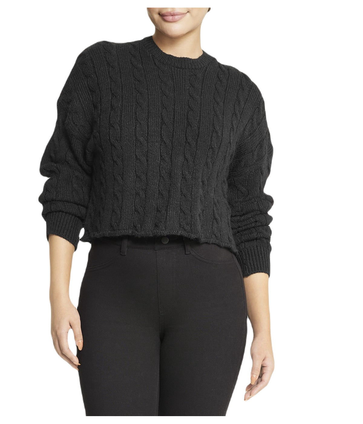  Cropped Boxy Cable Knit Sweater - Black - Bonton