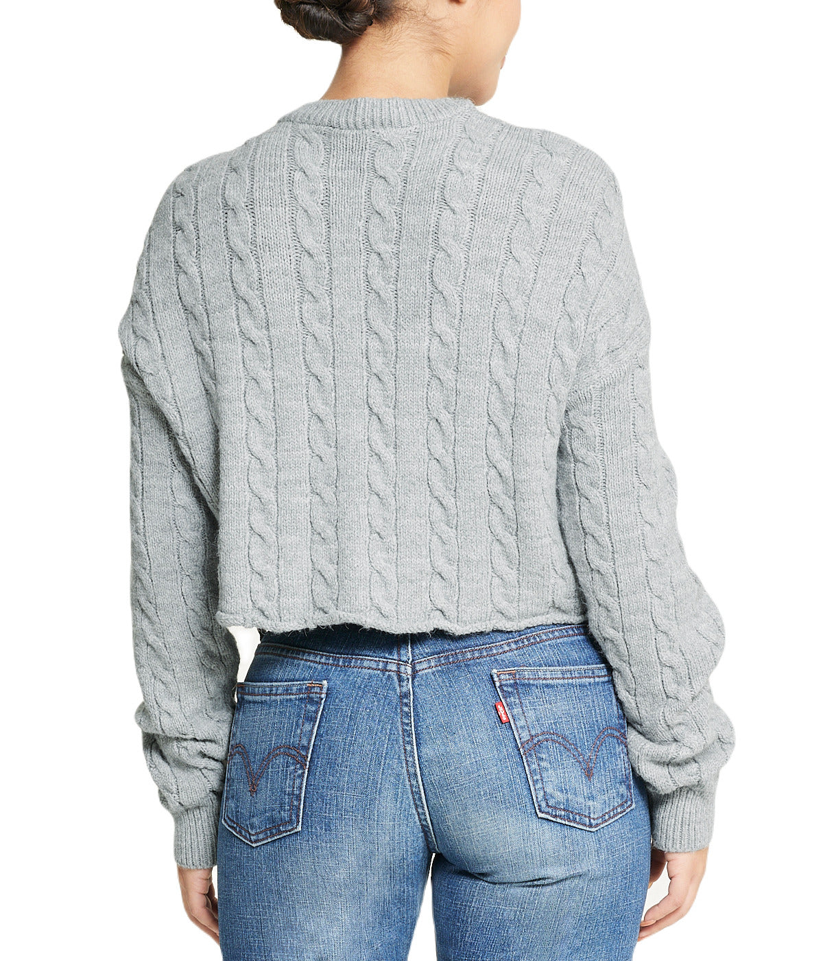  Cropped Boxy Cable Knit Sweater - Grey - Bonton