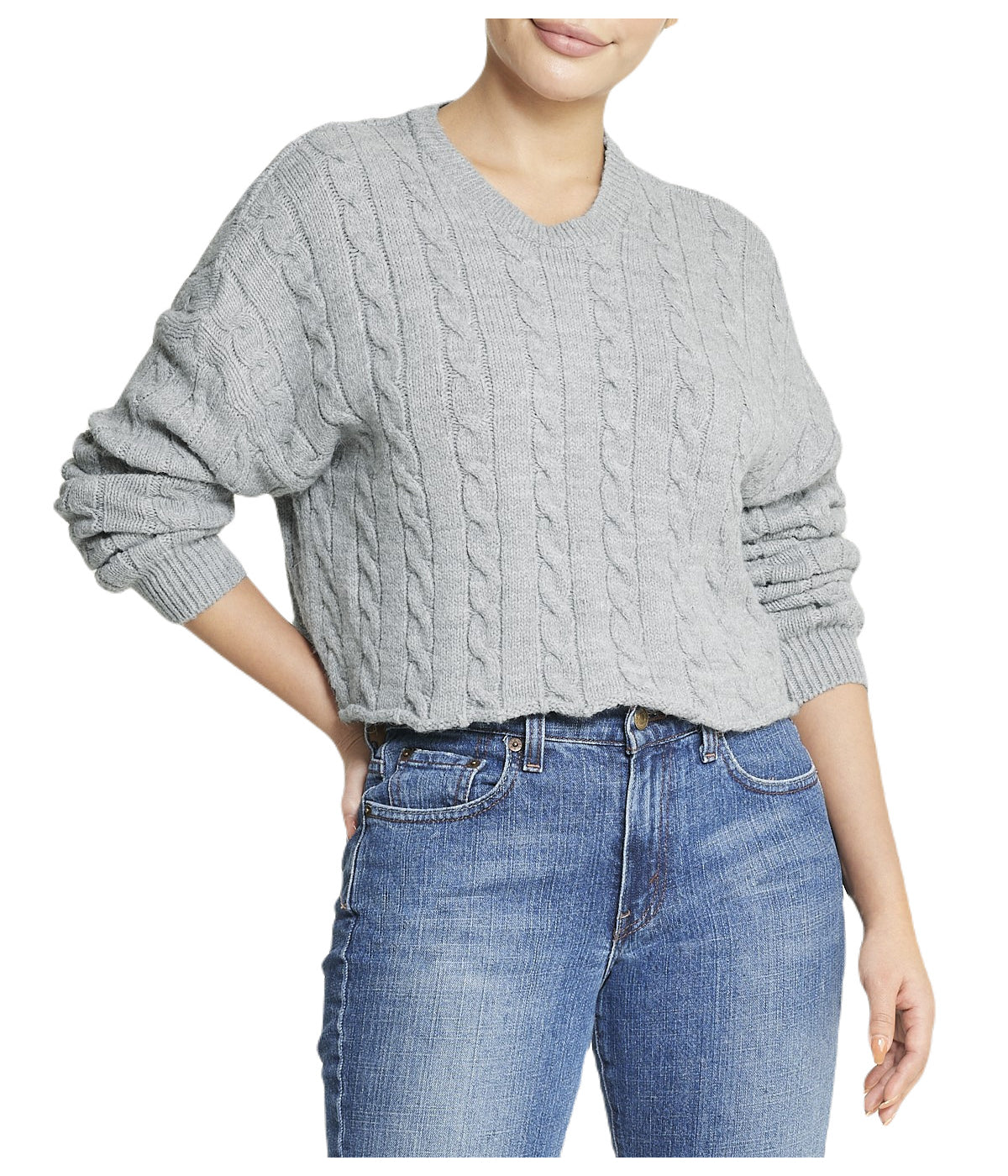  Cropped Boxy Cable Knit Sweater - Grey - Bonton