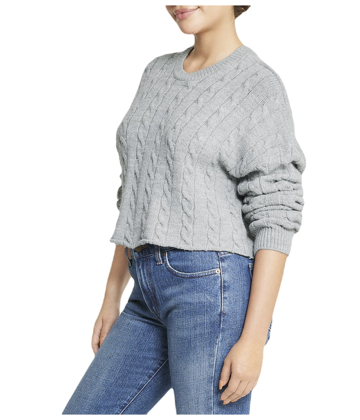  Cropped Boxy Cable Knit Sweater - Grey - Bonton