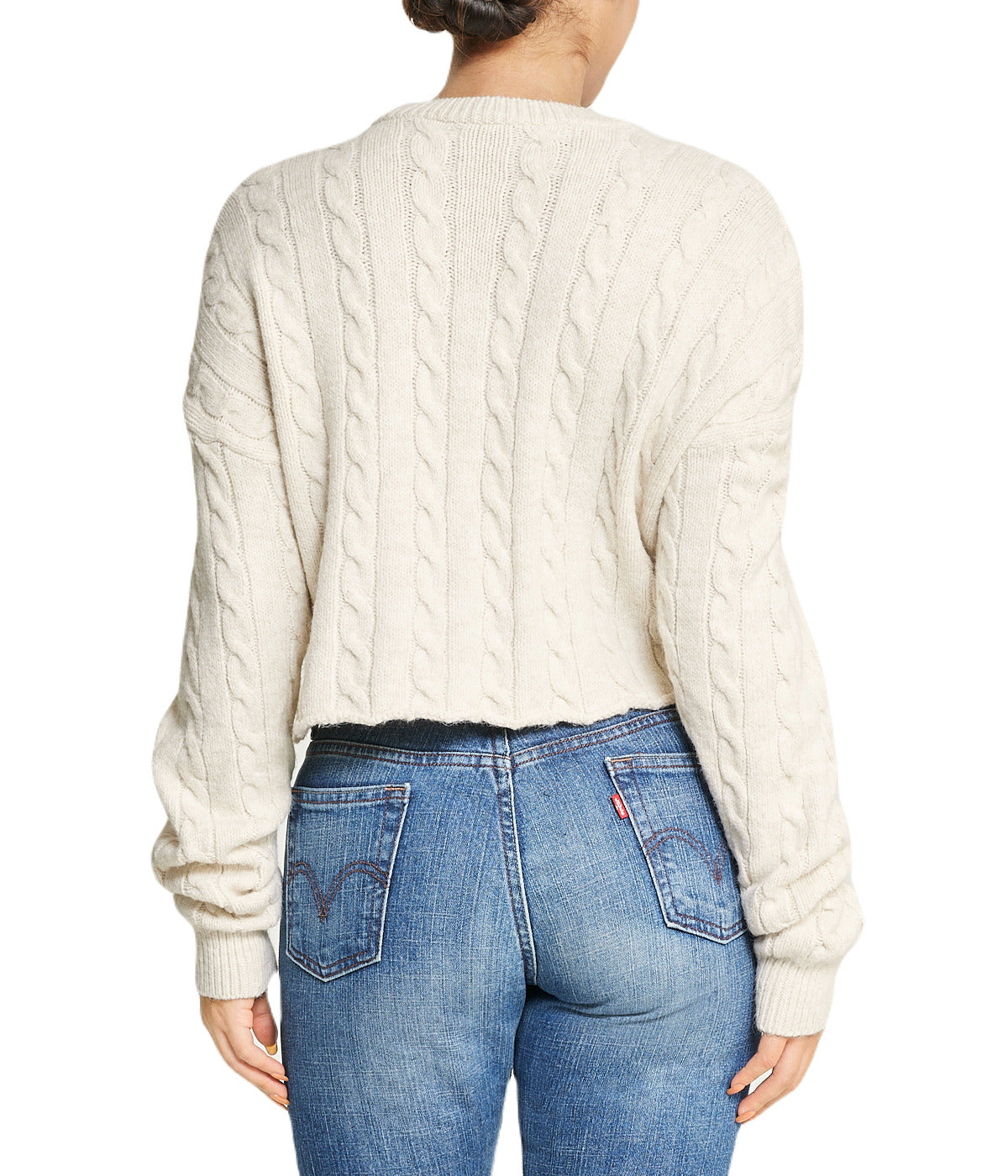  Cropped Boxy Cable Knit Sweater - Natural - Bonton