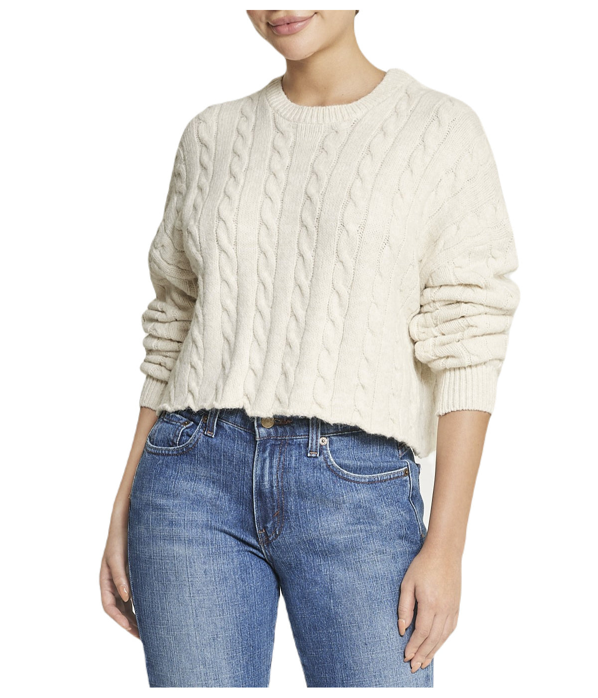  Cropped Boxy Cable Knit Sweater - Natural - Bonton