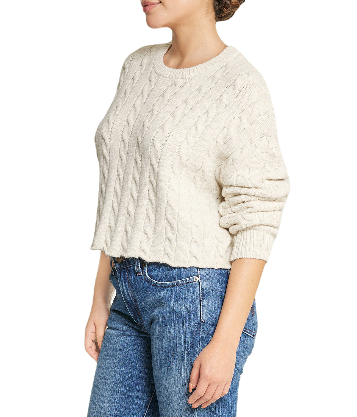  Cropped Boxy Cable Knit Sweater - Natural - Bonton