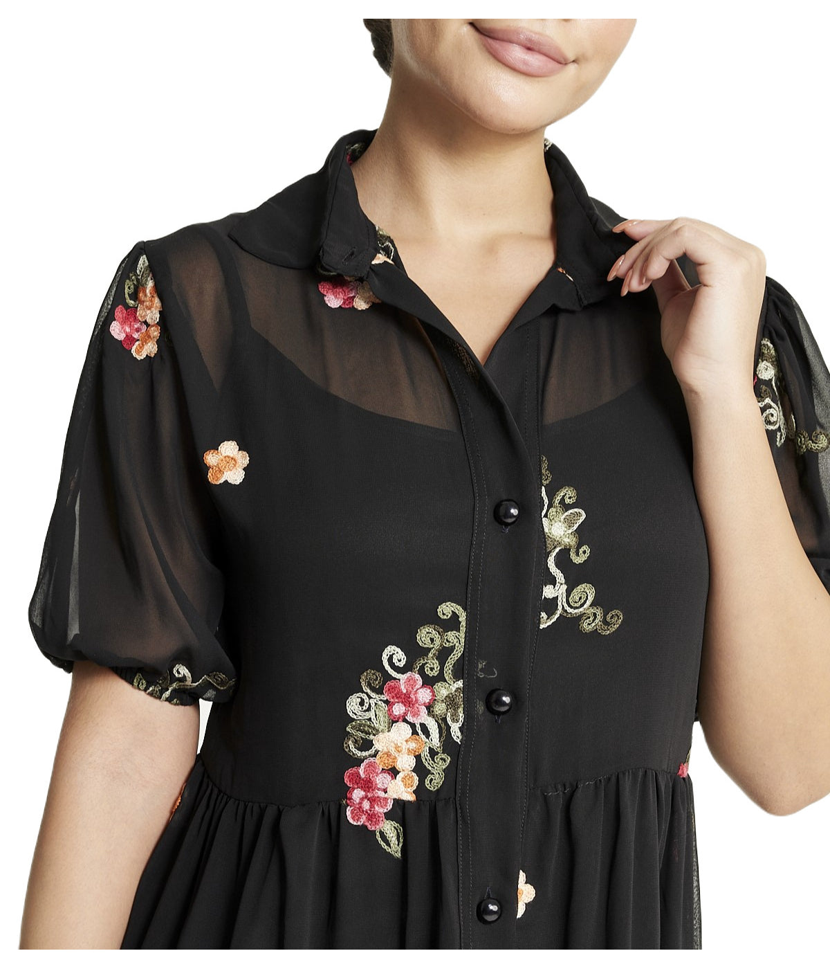  Miss Selen Floral Short Sleeve Dress - Black - Bonton