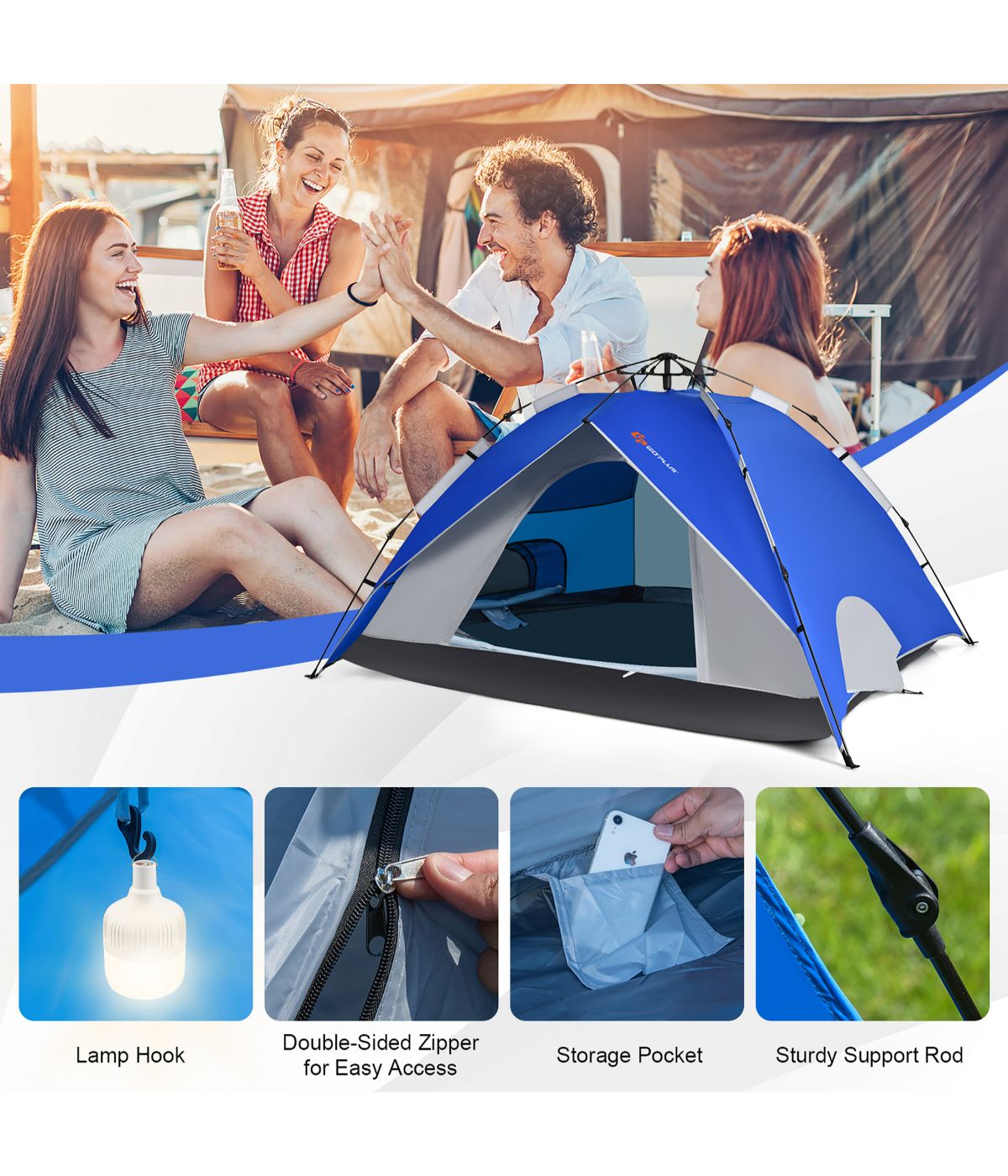  Instant Pop-up Camping Tent, Bag, Ground Stake & Windproof Rope Set (4 Person) Blue - Blue - Bonton