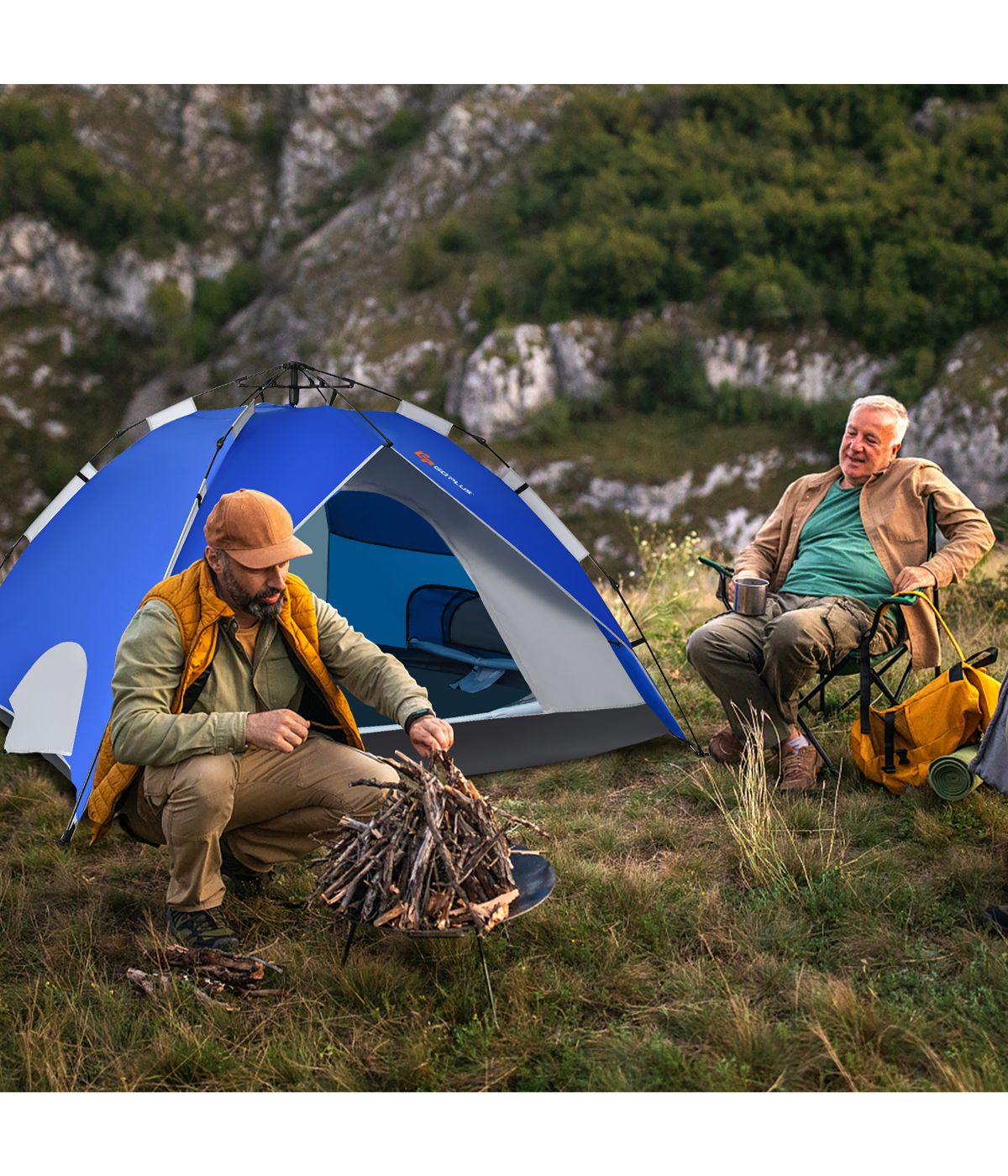  Instant Pop-up Camping Tent, Bag, Ground Stake & Windproof Rope Set (4 Person) Blue - Blue - Bonton