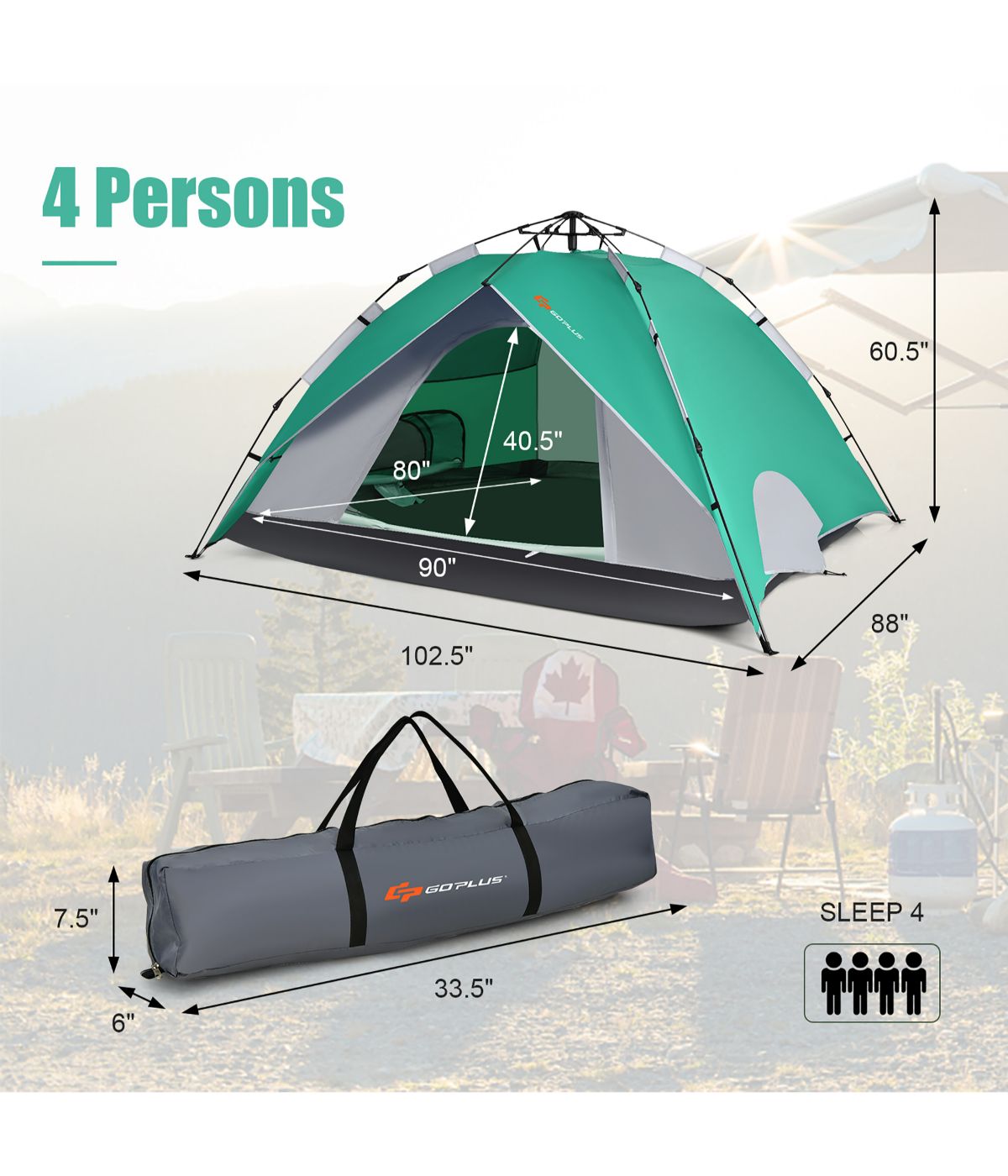  Instant Pop-up Camping Tent, Bag, Ground Stake & Windproof Rope Set (4 Person) Green - Green - Bonton