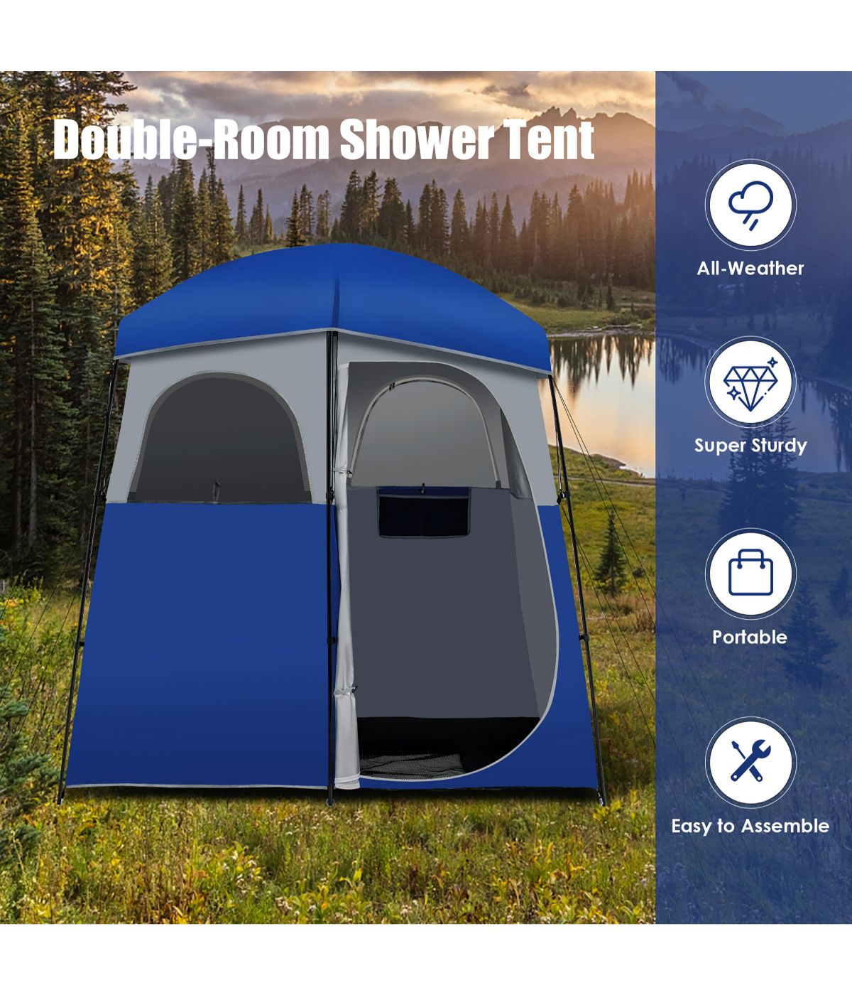 Double-Room Camping Shower Toilet Tent With Floor Oversize Portable Storage Bag Blue