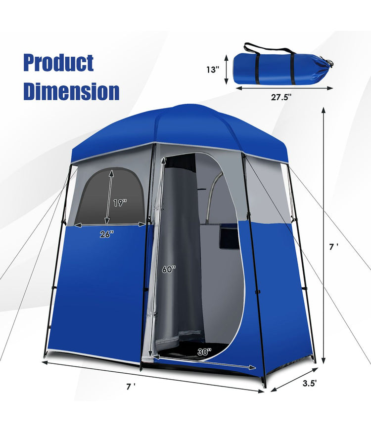 Double-Room Camping Shower Toilet Tent With Floor Oversize Portable Storage Bag Blue