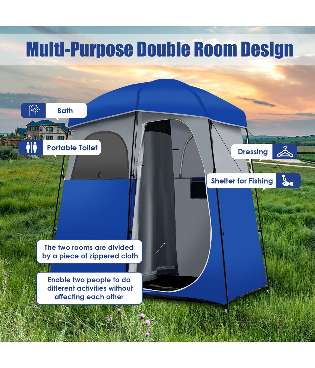 Double-Room Camping Shower Toilet Tent With Floor Oversize Portable Storage Bag Blue