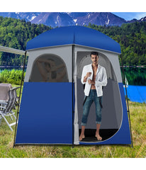 Double-Room Camping Shower Toilet Tent With Floor Oversize Portable Storage Bag Blue