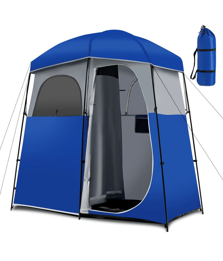 Double-Room Camping Shower Toilet Tent With Floor Oversize Portable Storage Bag Blue