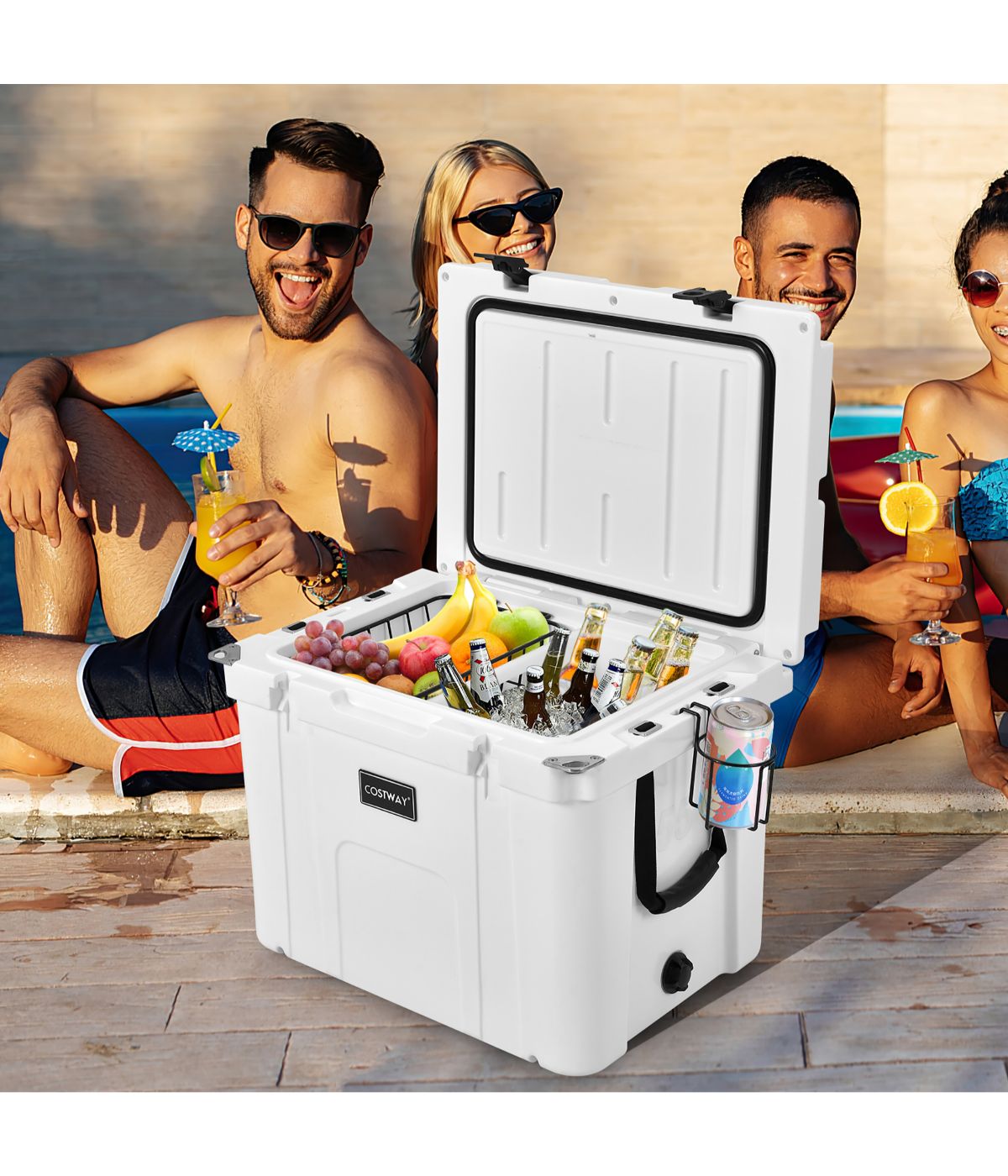 55 Quart Cooler Portable Ice Chest With Cutting Board, Basket & Cup Holder For Camping White