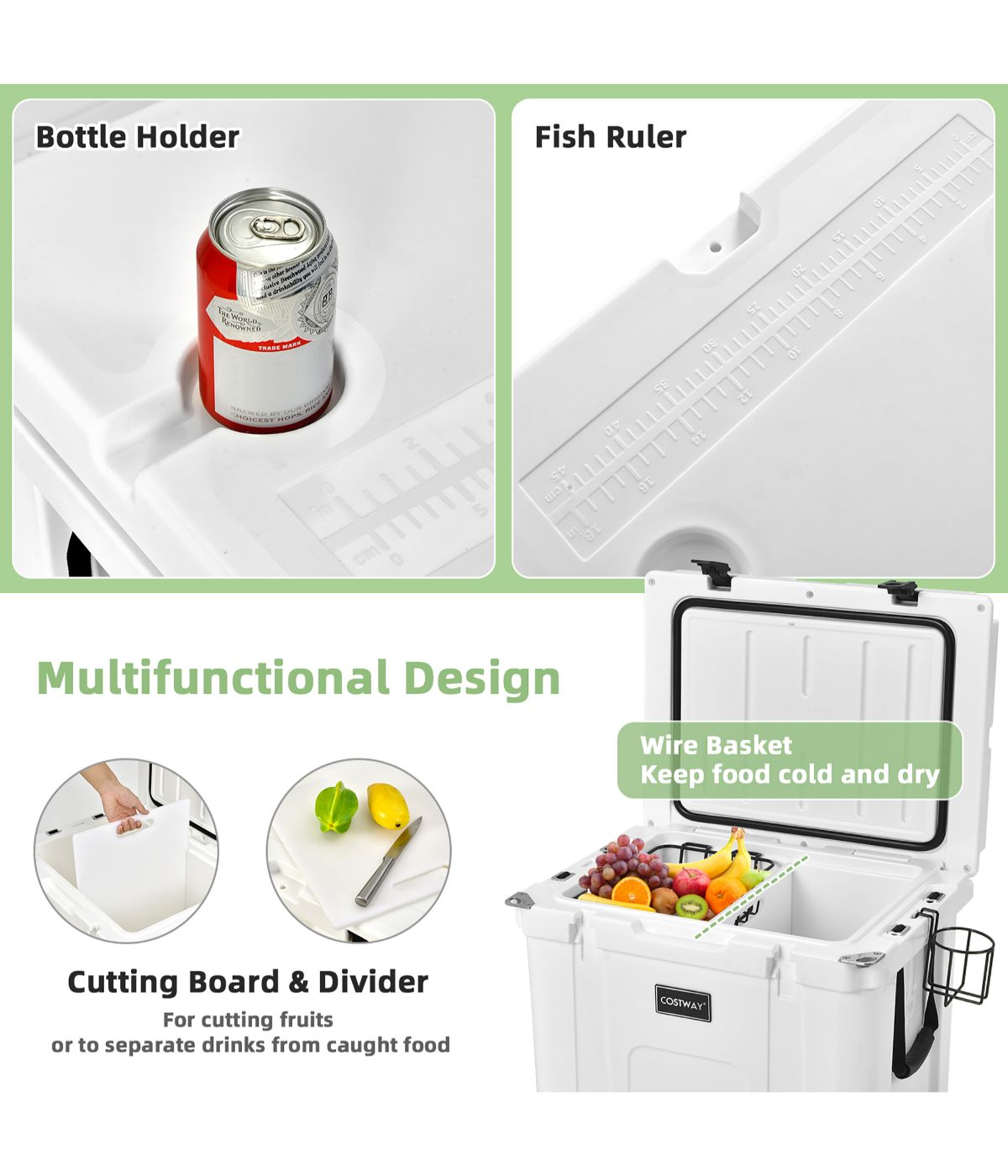 55 Quart Cooler Portable Ice Chest With Cutting Board, Basket & Cup Holder For Camping White