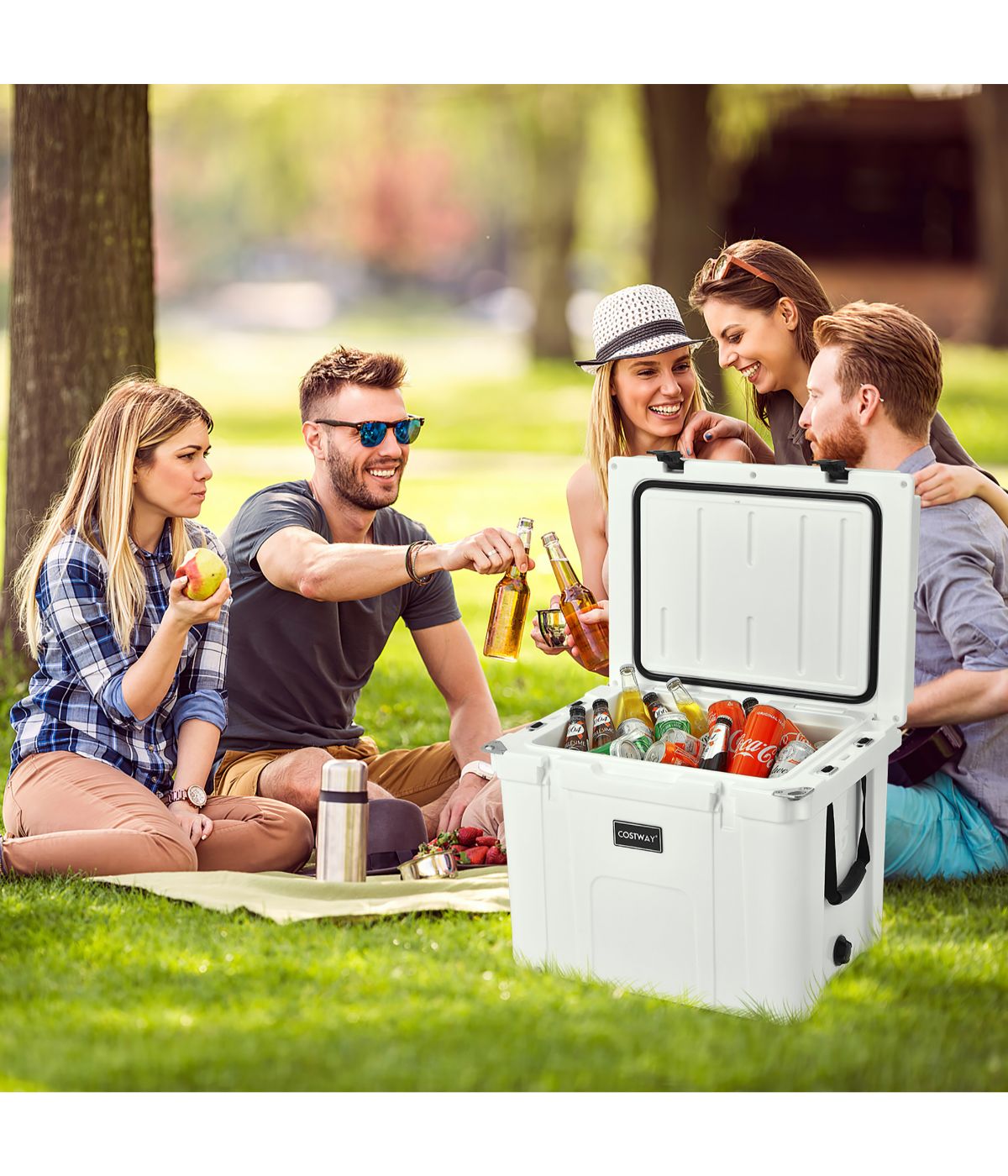 55 Quart Cooler Portable Ice Chest With Cutting Board, Basket & Cup Holder For Camping White