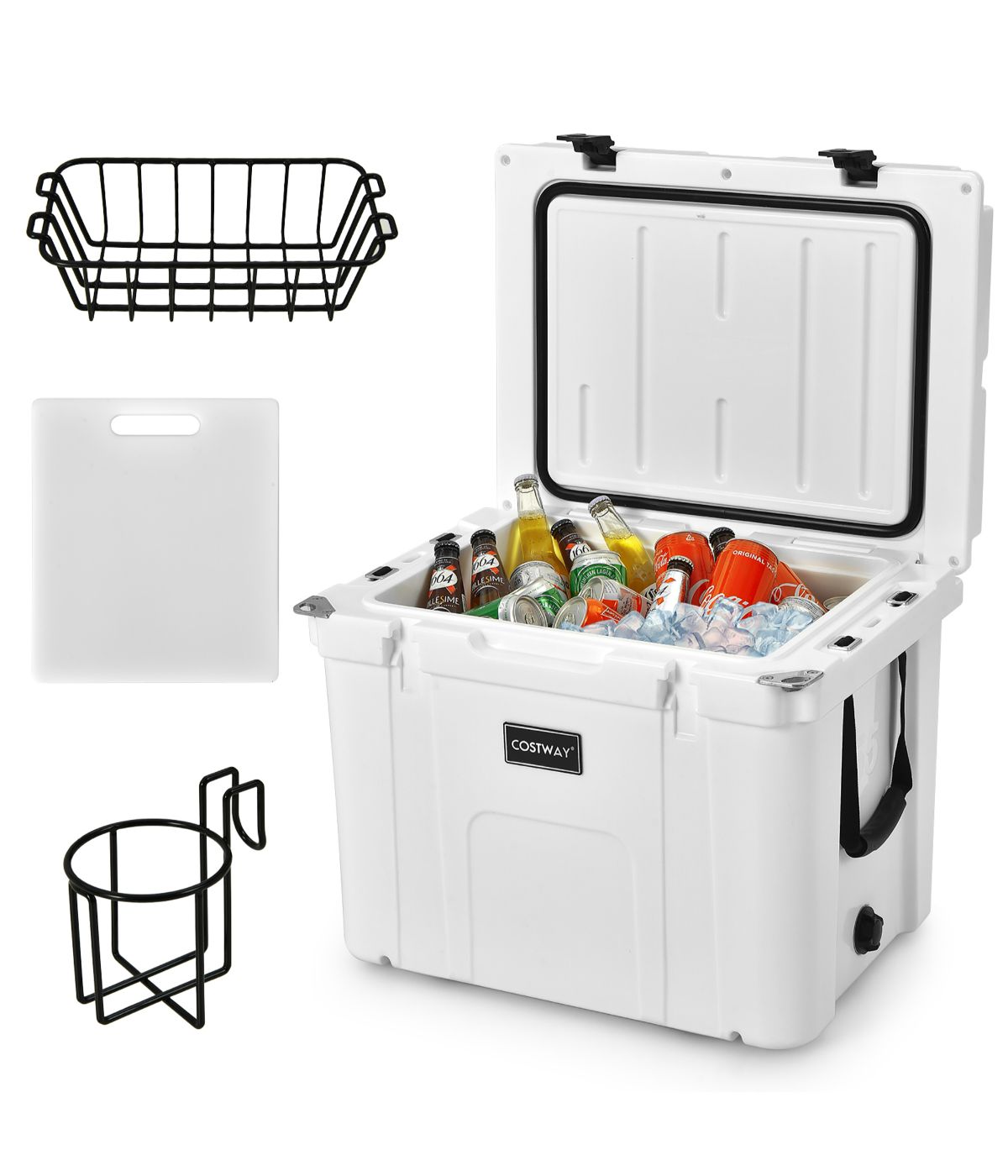 55 Quart Cooler Portable Ice Chest With Cutting Board, Basket & Cup Holder For Camping White