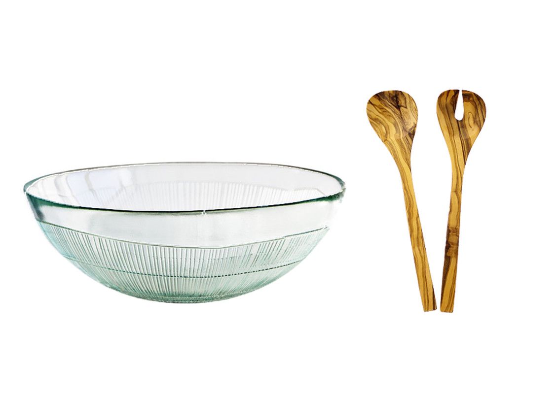  French Home Recycled Glass Birch Salad Bowl & Olive Wood Servers - Clear / Olive Wood - Bonton