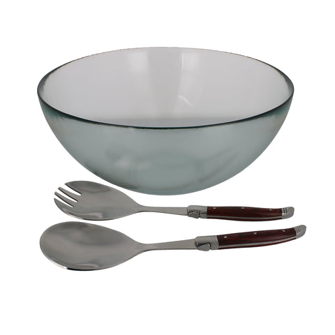 Clear Recycled Glass Urban Salad Bowl and Laguiole Servers With Rosewood Handles