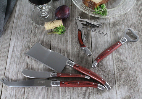Laguiole 5 Piece Cheese Knife and Wine Opener Set With Pakkawood Handles