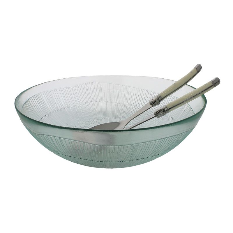  French Home Recycled Glass Birch Salad Bowl & Laguiole Servers - Clear - Bonton