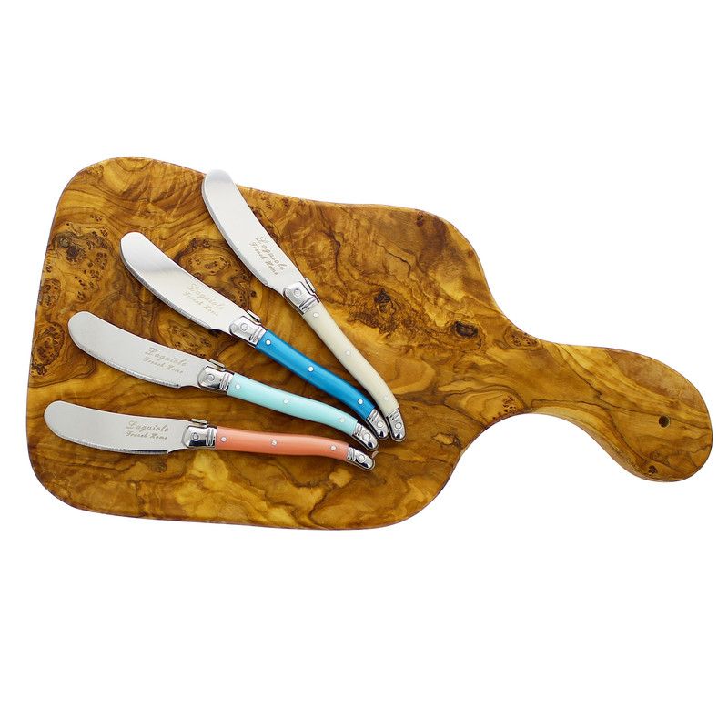  French Home Laguiole Spreaders & Olive Wood Cheese Board Set - Shades of turquoise and coral - Bonton