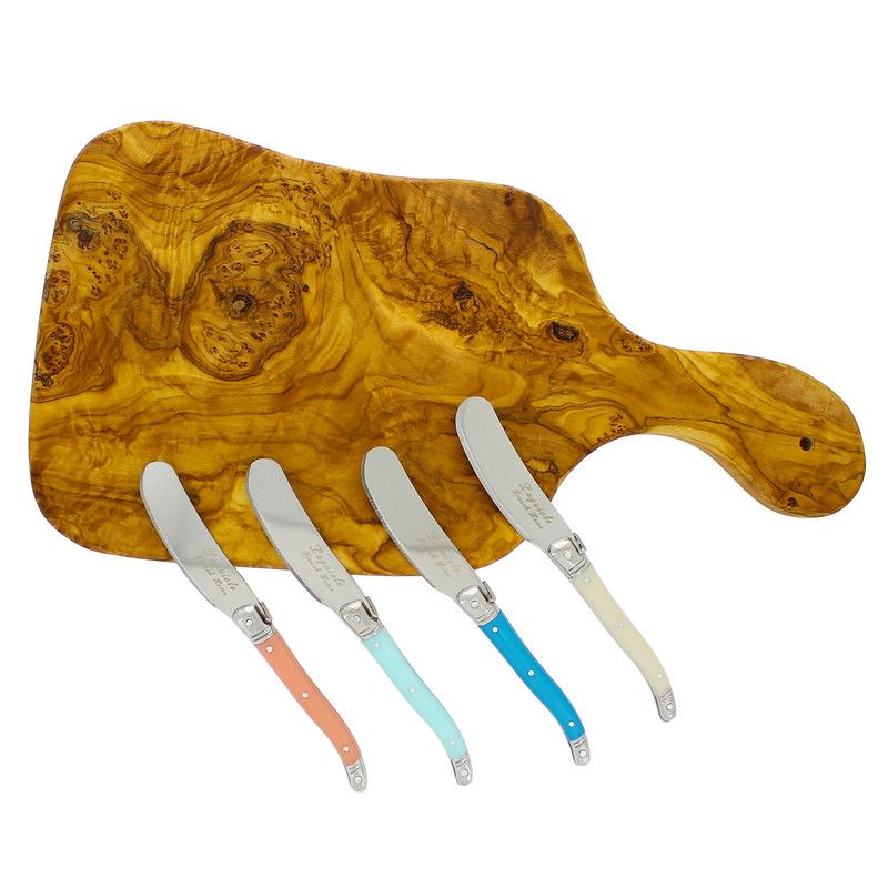  French Home Laguiole Spreaders & Olive Wood Cheese Board Set - Shades of turquoise and coral - Bonton